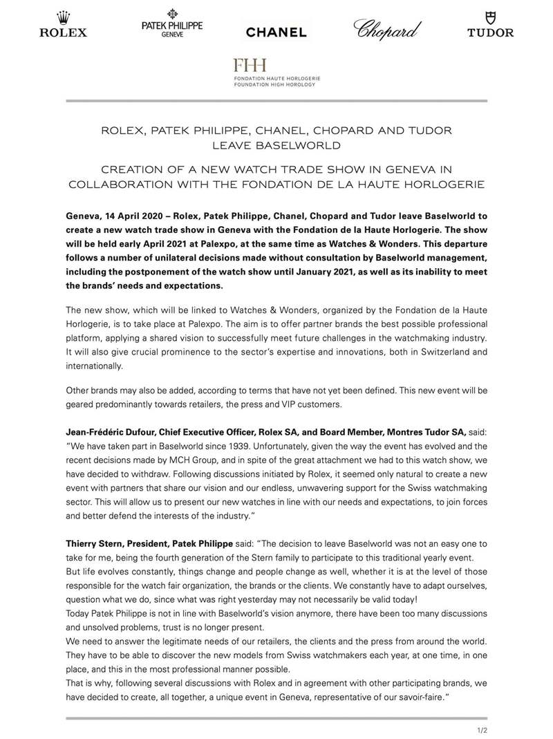 勞力士、百達翡麗和更多奢侈品牌離開巴塞爾世界，參加日內瓦鐘表與奇跡的新貿易展