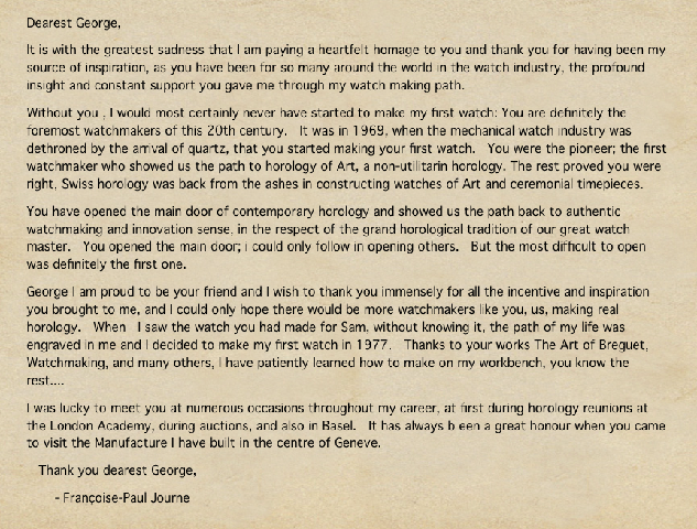 FP Journe 致喬治·丹尼爾斯 (George Daniels) 的一張便條伴隨著特別的 Chronometre Souverain 腕表。