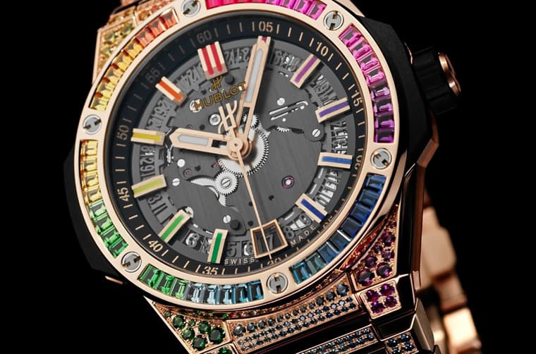 宇舶大爆炸鏈帶手表鑲滿彩色寶石搭配皇金表殼絢麗登場(chǎng)