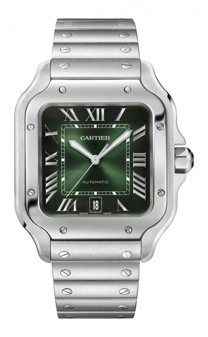 Santos大型款 - 不鏽鋼材質(zhì)／1847 MC自動(dòng)上鍊機(jī)芯／時(shí)、分、秒、日期顯示／藍(lán)寶石水晶鏡面／防水100米／錶徑39.8x39.8mm（CARTIER）